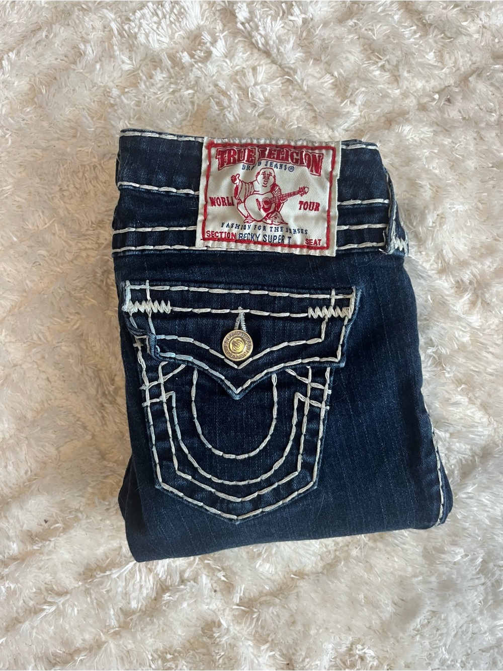 True Religion Women's Dark Blue Bootcut Jeans with White Contrast Stitching